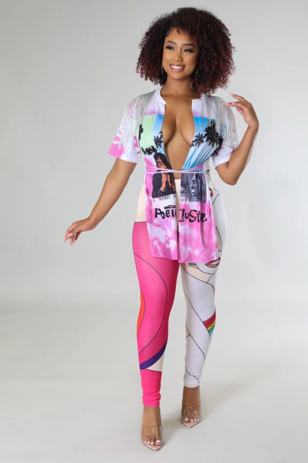 Hip Hop Street Tassel T-Shirt Printed Trousers Set
