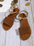New Elastic Cloth Flat Open Toe Word Buckle Pearl Sandals
