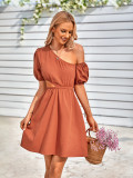 Casual Slanted Collar Hollow Solid Color Waist Dress