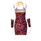 Ripple Print Sexy Tether Halter Neck Package Hip Dress