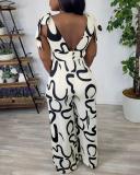 Printed Hip-covering Slim Wide-leg Lace-up Jumpsuit