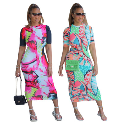 Slim Crew Neck Painted Print Dress