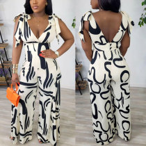 Printed Hip-covering Slim Wide-leg Lace-up Jumpsuit