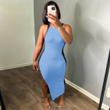 Fashion Solid Color Sexy Slit Mesh Stitching Dress