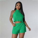 Summer Casual Pleated Sleeveless Vest Shorts Two-piece Set