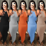 Fashion Solid Color Sexy Slit Mesh Stitching Dress