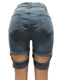 Casual Ripped Washed Pearl Inlaid Slim Denim Shorts