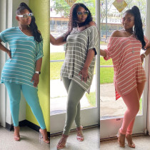 Loose Stripe Casual Home Plus Size Two-piece Set