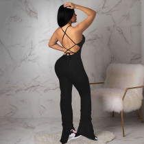Open Back Tie Pleated Ruched Slit Flared Jumpsuit