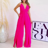 Sling V-neck High Waist Slit Hem Wide-leg Ladies Jumpsuit