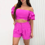 Solid Color Ruffle Tie Top High Waist Shorts Two-Piece Set