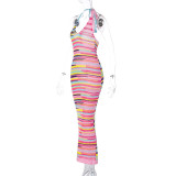 Printed V-neck Open-back Tie-back Knitted Dress