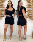 Solid Color Ruffle Tie Top High Waist Shorts Two-Piece Set