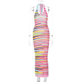 Printed V-neck Open-back Tie-back Knitted Dress