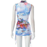 Summer New Mesh Printing Sleeveless Top Short Skirt Casual Suit