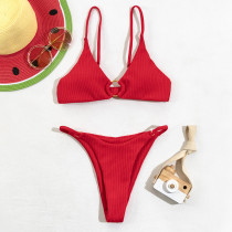 Solid Color Split Special Fabric Ring Swimsuit Two-piece Set