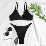 Solid Color Split Special Fabric Ring Swimsuit Two-piece Set