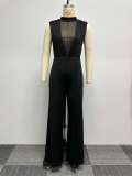 Sexy Mesh Backless Splicing Wide Leg Slit Jumpsuit