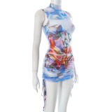 Summer New Mesh Printing Sleeveless Top Short Skirt Casual Suit