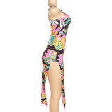 Summer Print Suspenders Sexy Slit Dress