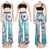Sexy One-shoulder Tank Top Print Slim Two-piece Suit