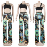Sexy One-shoulder Tank Top Print Slim Two-piece Suit