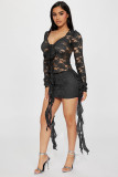 Elastic Lace V-neck Tie See-through Sexy Skirt Two-piece Set