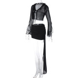Sexy Mesh Ruffle Long Sleeve Top Bag Hip Skirt Set