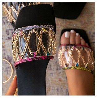 Fashion Flat Metal Chain Transparent Cross Simple Slippers