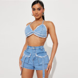 Navel-baring Hollow Elastic Denim Camisole Top Shorts Two-Piece Set