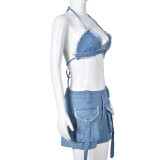 Navel-baring Hollow Elastic Denim Camisole Top Shorts Two-Piece Set