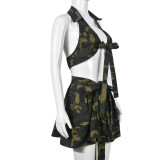 Camouflage Lapel Wrapped Chest Personalized Short Skirt Two-Piece Set