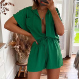 Fashion Sexy Solid Color Button Short Sleeve Lace Up Shorts Set
