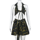 Camouflage Lapel Wrapped Chest Personalized Short Skirt Two-Piece Set