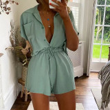 Fashion Sexy Solid Color Button Short Sleeve Lace Up Shorts Set