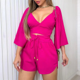 V-neck Open Back Bell Sleeve Shirt High Waist Shorts Fashion Casual Suit
