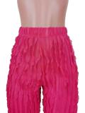 Net Yarn Wave Pattern Ruffle High Waist Wide Leg Trousers