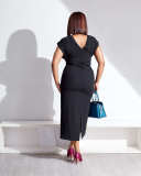 Short Sleeve High Waist Bag Hip Slit Elegant Slim Ladies Dress