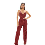 Fashion Sleeveless Backless Solid Color Sequined Slim Fit Jumpsuit