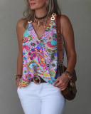 Summer Simple V Neck Metal Buckle Printed Vest