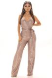 Fashion Sleeveless Backless Solid Color Sequined Slim Fit Jumpsuit