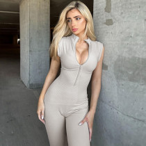 Fashion Sexy Zipper Tight Solid Color Jumpsuit