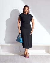 Short Sleeve High Waist Bag Hip Slit Elegant Slim Ladies Dress