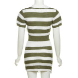 Lapel Short Sleeve Striped Colorblock Knit Short Slim Hip Skirt Set