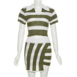 Lapel Short Sleeve Striped Colorblock Knit Short Slim Hip Skirt Set