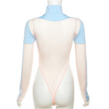 Contrast Color Splicing Sexy See-through Mesh Slim-fit Bottoming T-shirt