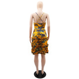 Deep V Sexy Suspender Printed Backless Dress with Wooden Ears