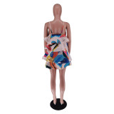 Fashion Layered Print Plastic Herringbone Slip Dress