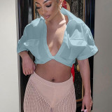 Sexy Short Section Exposed Navel Kink Solid Color Lapel Shirt T-shirt