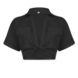 Sexy Short Section Exposed Navel Kink Solid Color Lapel Shirt T-shirt